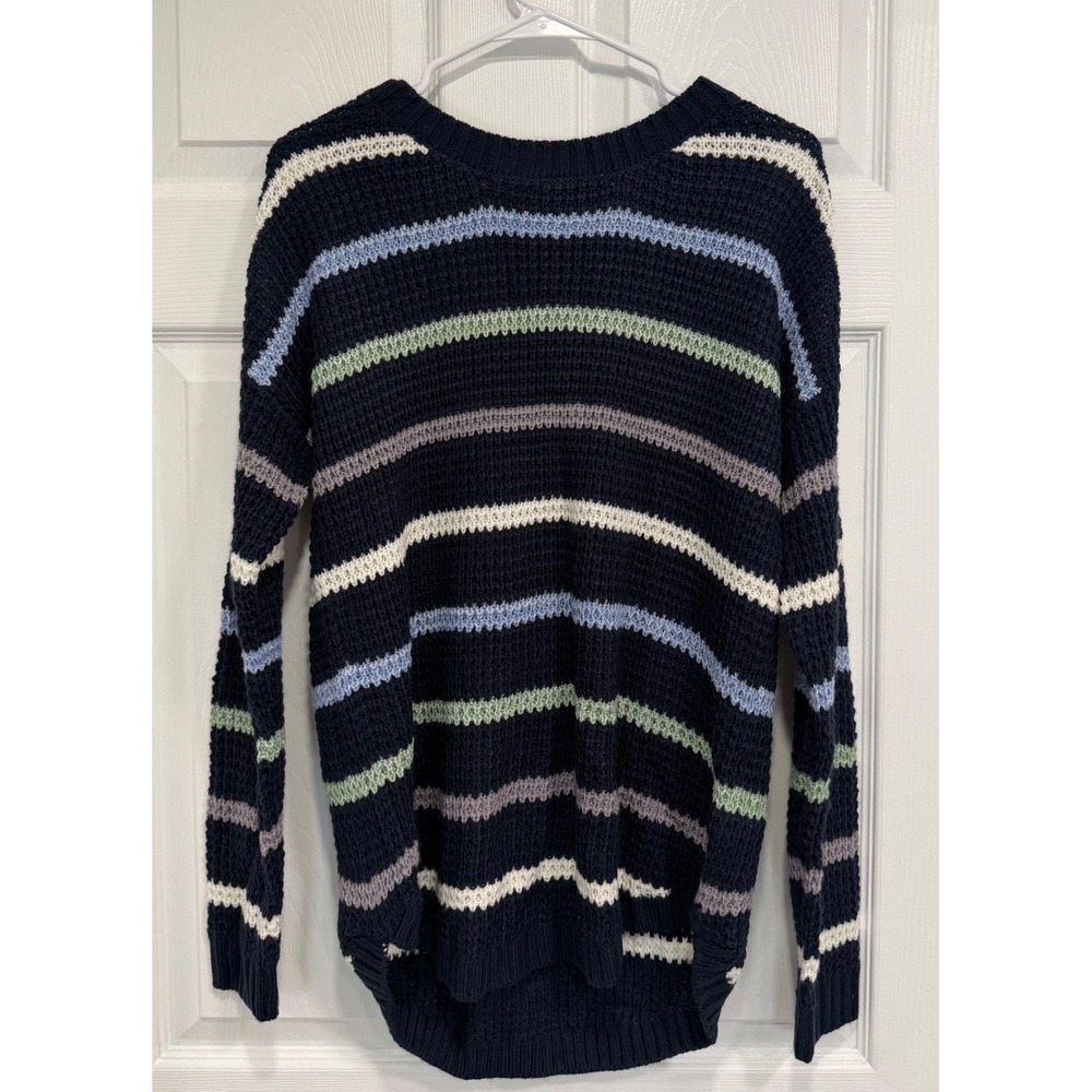 SO Women's Large Navy Striped Waffle Knit High Low Pullover Sweater